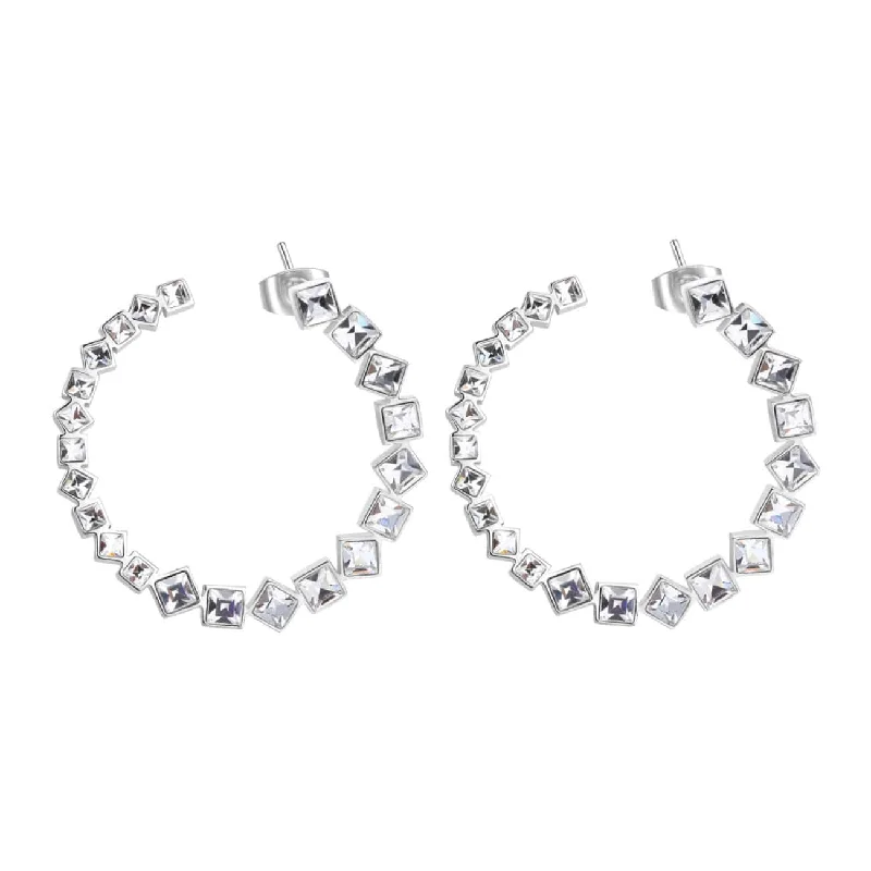 Stainless Steel Hoop Stud Earrings with Clear Crystals