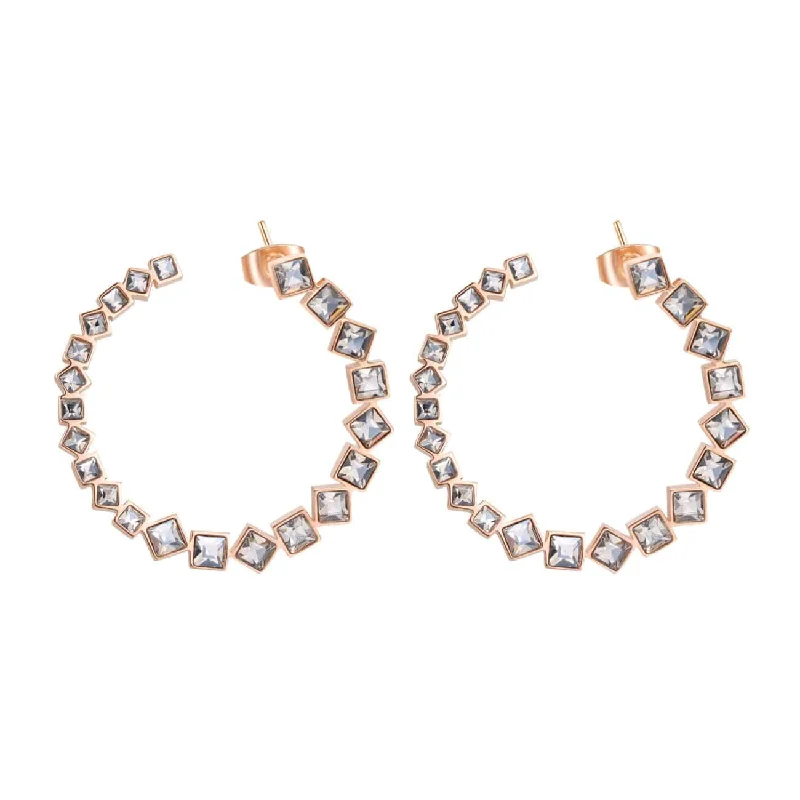 Stainless Steel Rose Gold Tone Hoop Stud Earrings with Clear Crystals