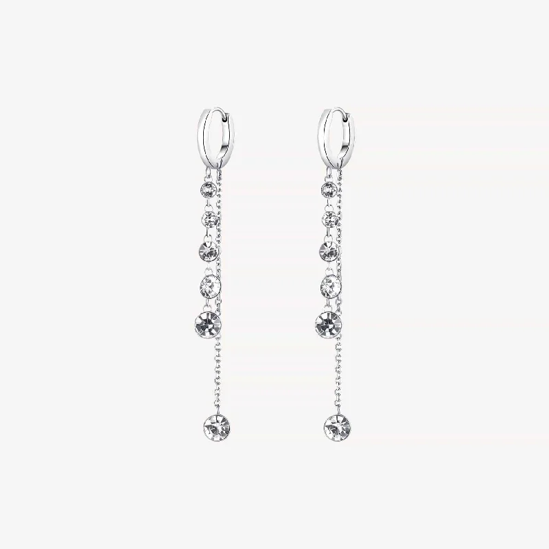 Stainless Steel Hoop Earrings with Long Clear Crystal Drops