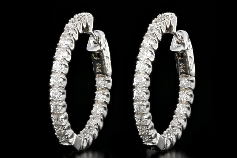 Modern 14K White Gold Round Brilliant Diamond In and Out Hoop Earrings