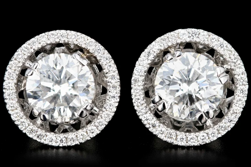 New 18K White Gold 2.22 CTW Round Brilliant Cut Diamond Halo Stud Earrings