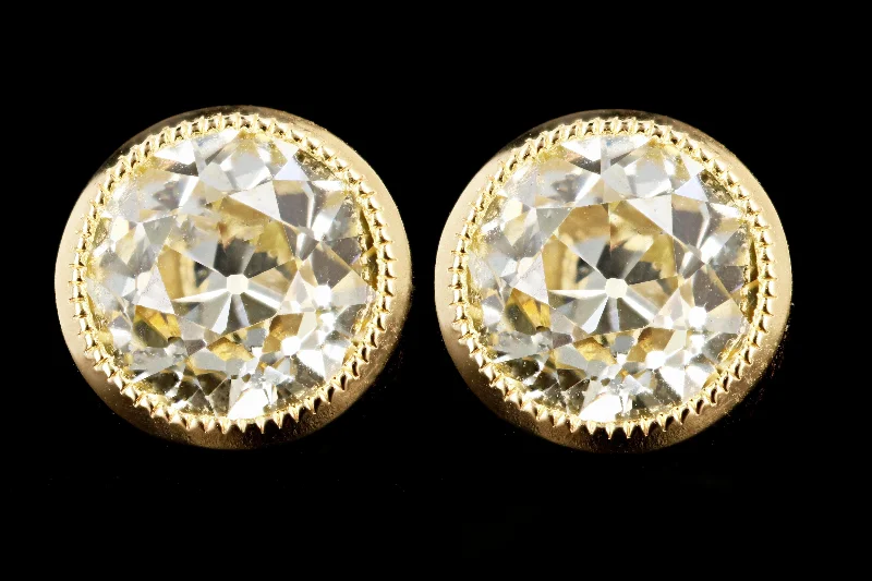 New 18K Yellow Gold 2.3 CTW Old European Cut Diamonds Bezel Set Stud Earrings GIA Certified