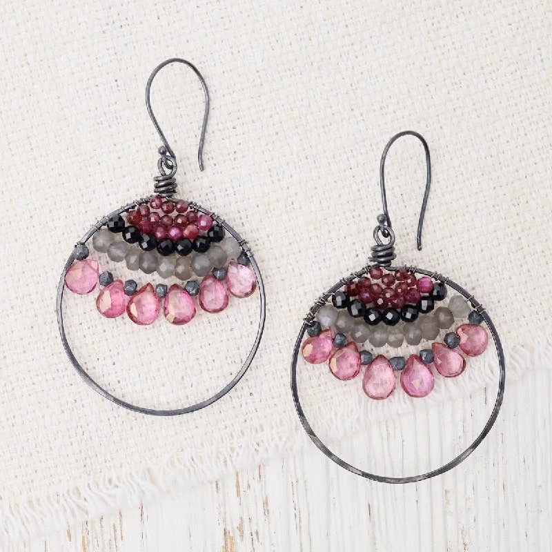 Large Hoop Oxidized Silver Earrings in Garnet