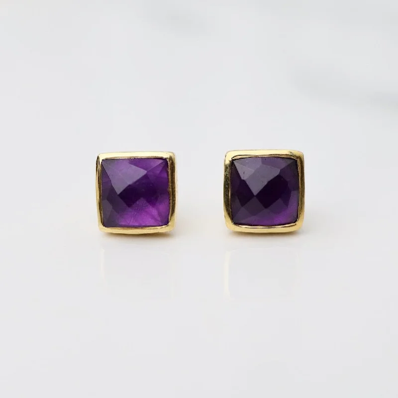 Madeline Stud Earrings - Vermeil Square - Amethyst