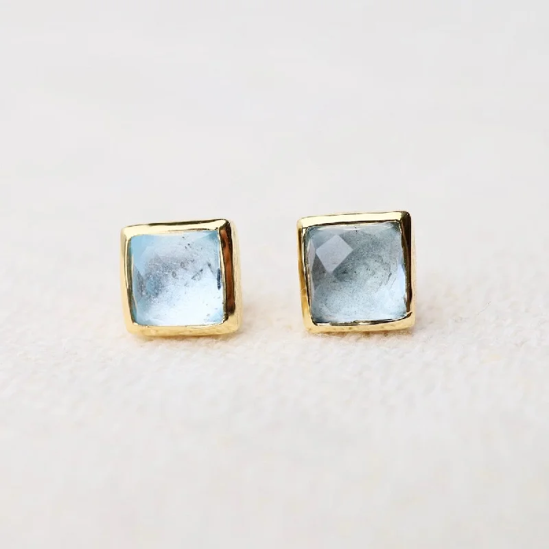 Madeline Stud Earrings - Vermeil Square - Blue Topaz