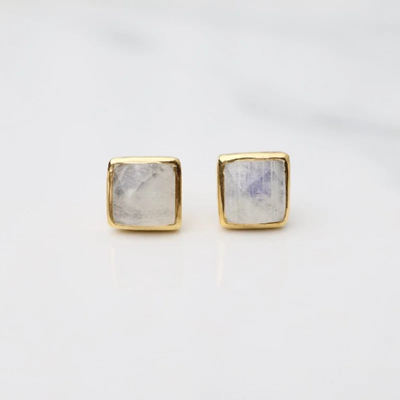 Madeline Stud Earrings - Vermeil Square - Rainbow Moonstone