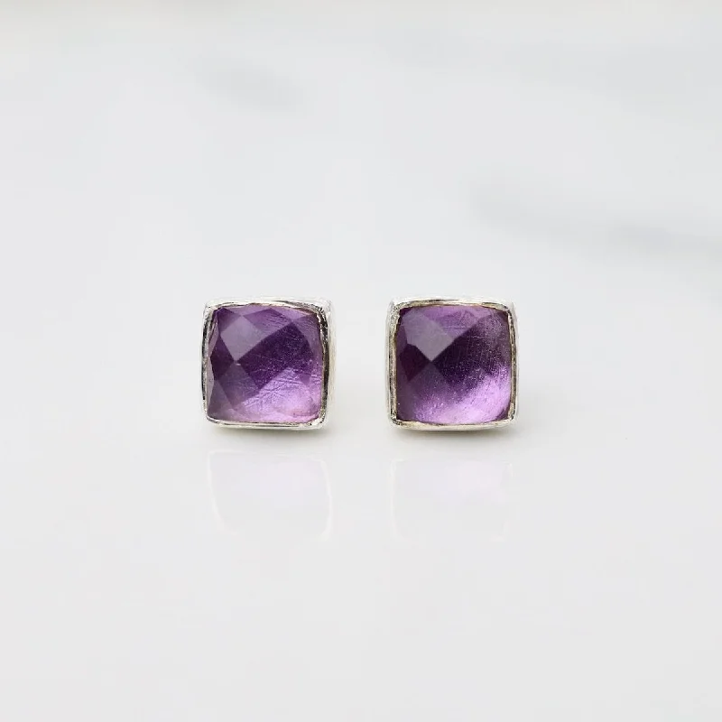 Madeline Stud Earrings - Silver Square - Amethyst