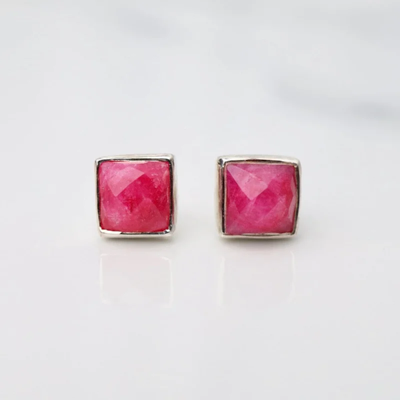 Madeline Stud Earrings - Silver Square - Ruby Quartz