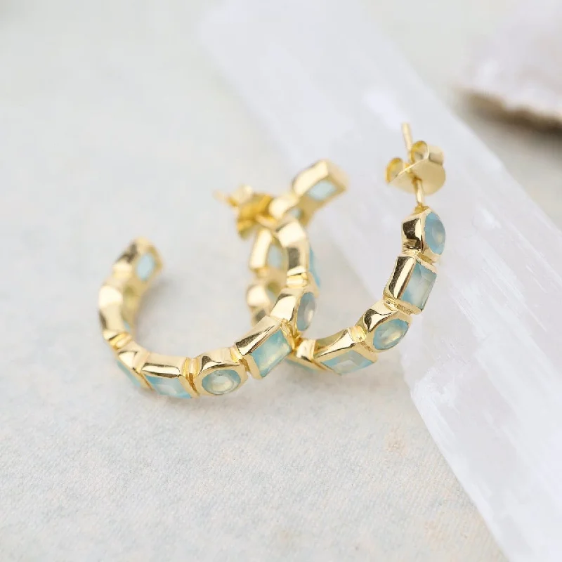 24k Gold Vermeil Half Hoops with Aqua Blue Chalcedony Geo Shapes