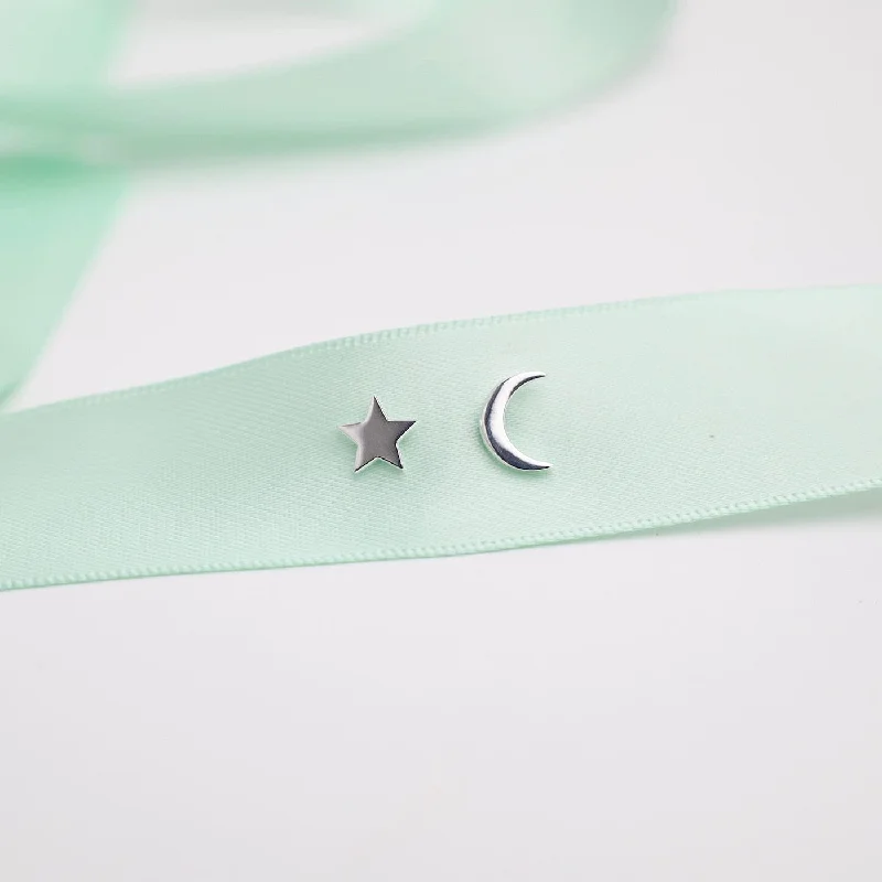 Sterling Silver Flat Moon and Star Studs