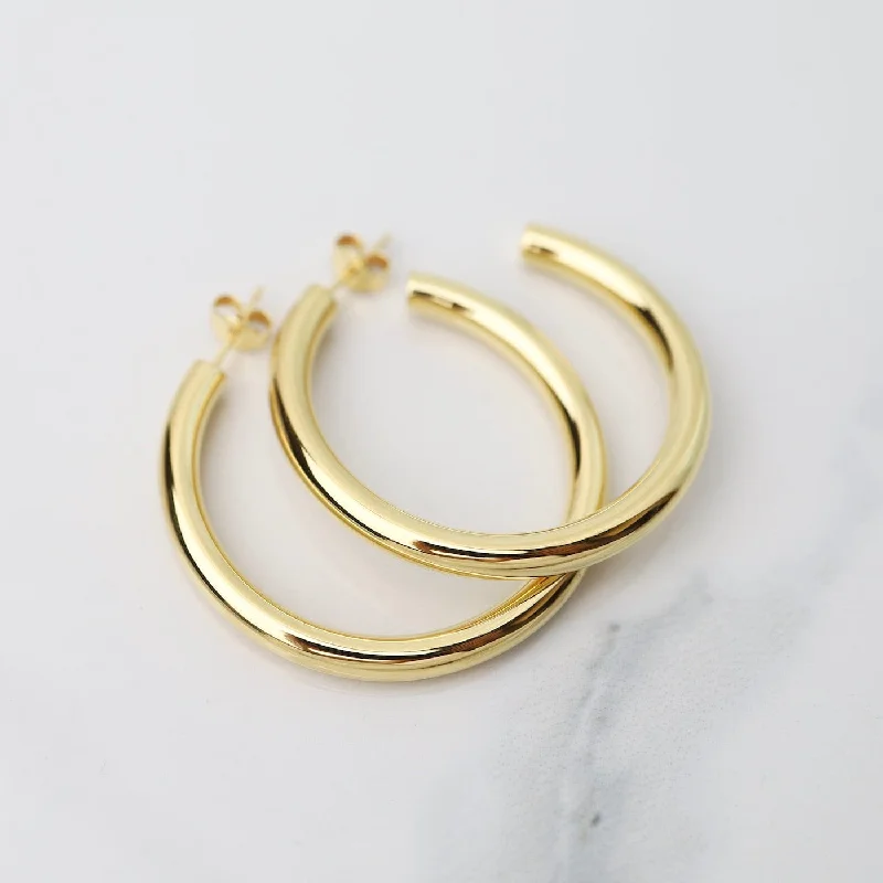 Large Fat Tube Hoops on Posts - Gold Vermeil