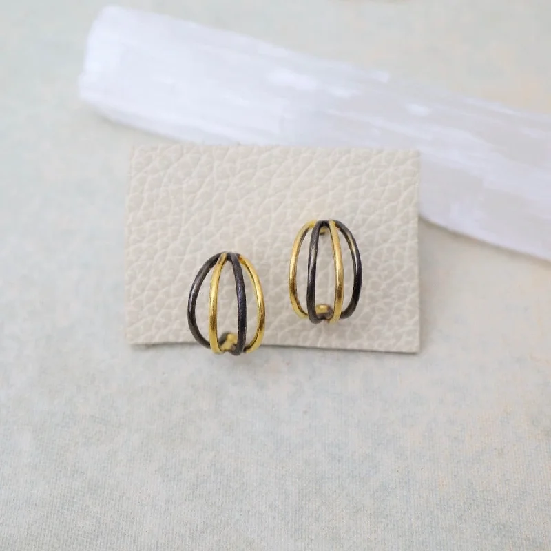 Four Rounded Gold & Black Rhodium Lines Hoops