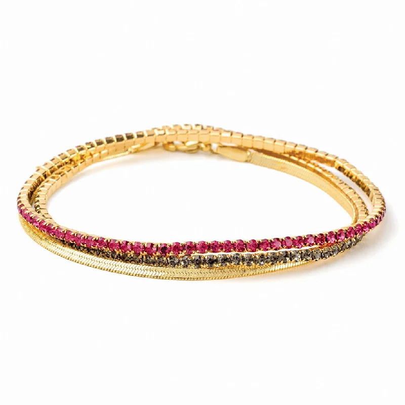 Sparkle & Shine Rhinestone Bracelet Trio - Fuchsia & Gold