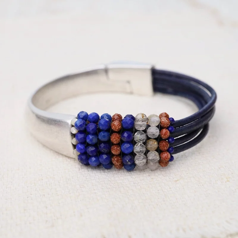 Hand Stitched Lapis, Rutilated Quartz, & Goldstone Leather Bracelet