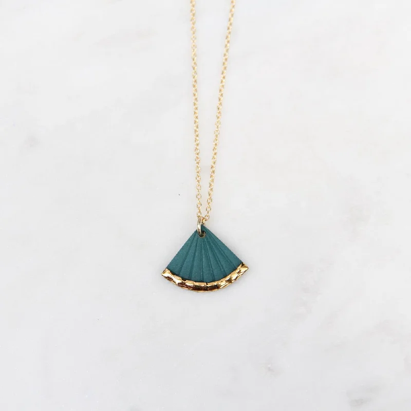 Gold Dipped Small Fan Necklace - Teal