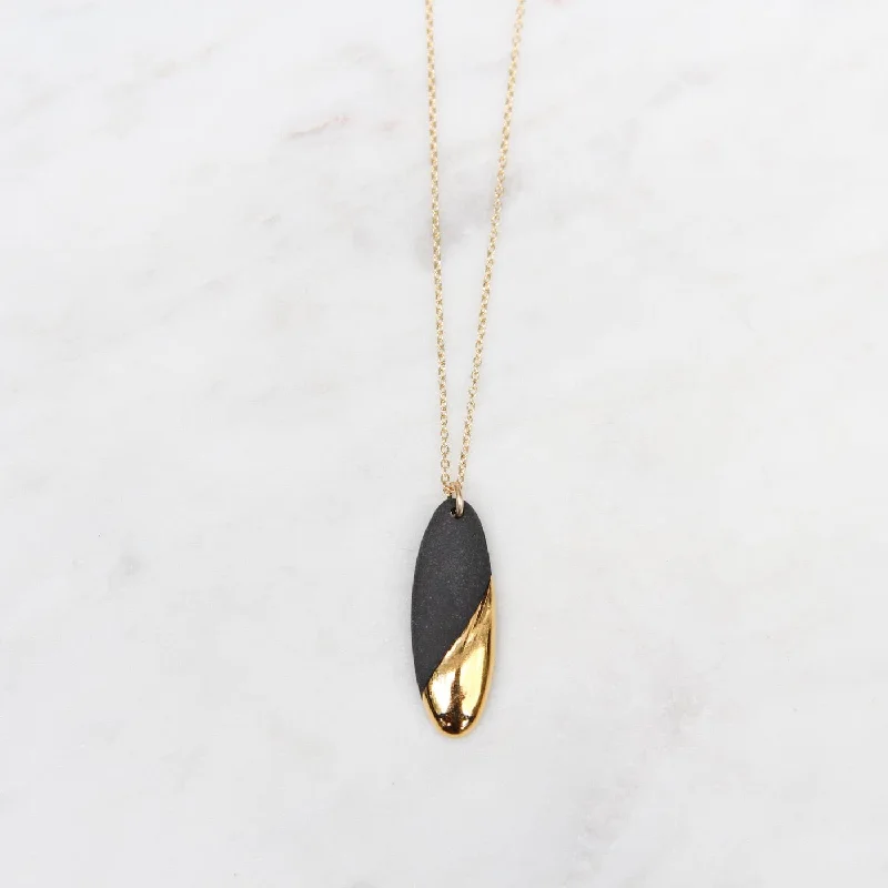 Gold Dipped Long Oval Necklace - Black