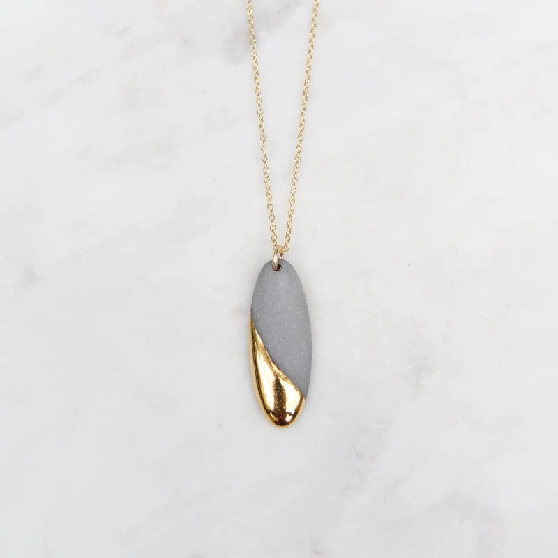 Gold Dipped Long Oval Necklace - Grey