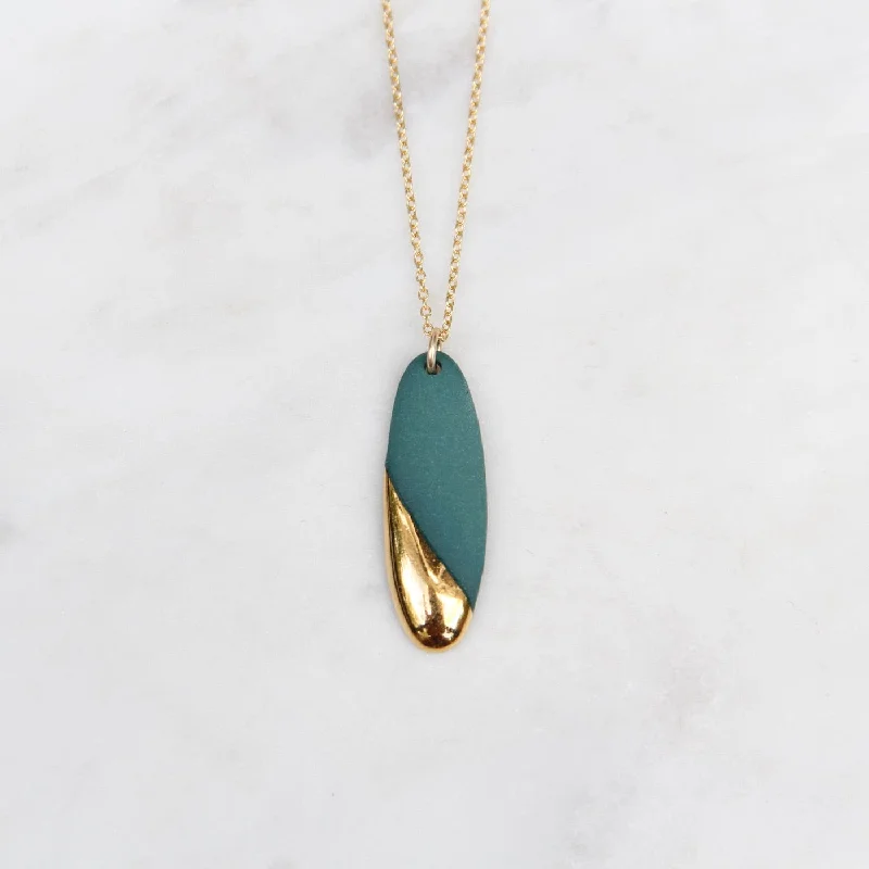 Gold Dipped Long Oval Necklace - Teal