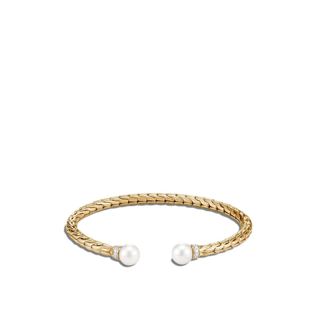 John Hardy Classic Chain 18K Yellow Gold Diamond Pave' Flex Cuff Bracelet with Freshwater Pearl Tips