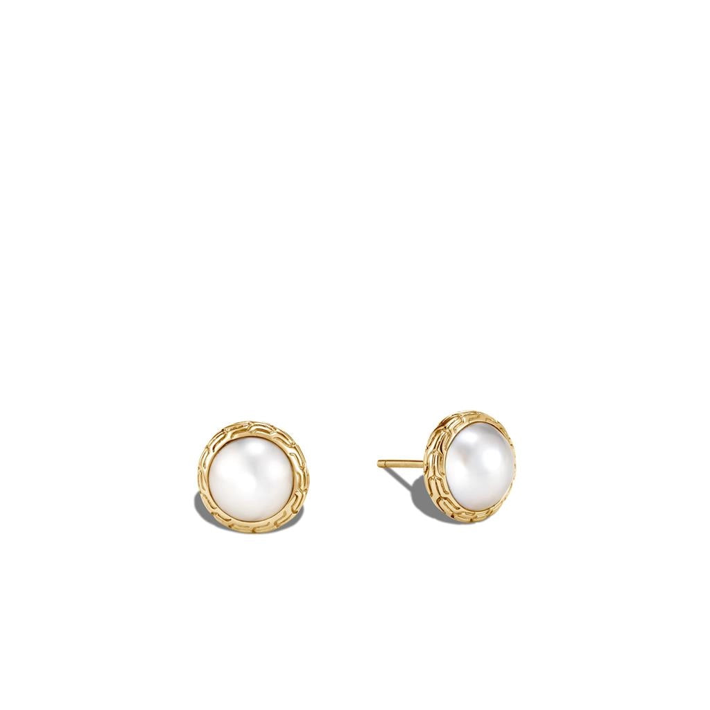 John Hardy Classic Chain 18K Yellow Gold Round Stud Earrings with Mabe Freshwater Pearl