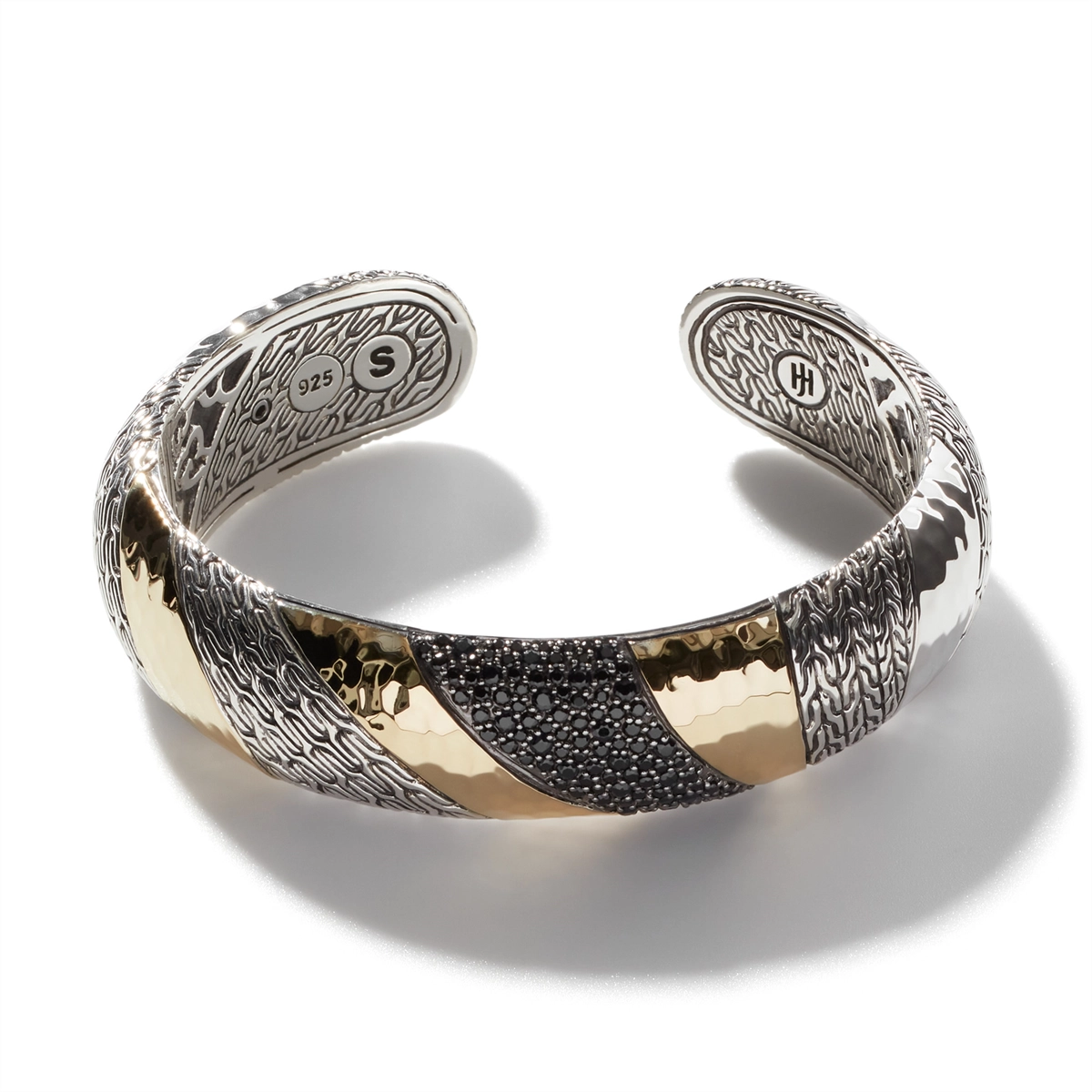 John Hardy Classic Chain Silver & 18K Gold Hammered Cuff Bracelet w/treated Black Sapphire & Black Spinel