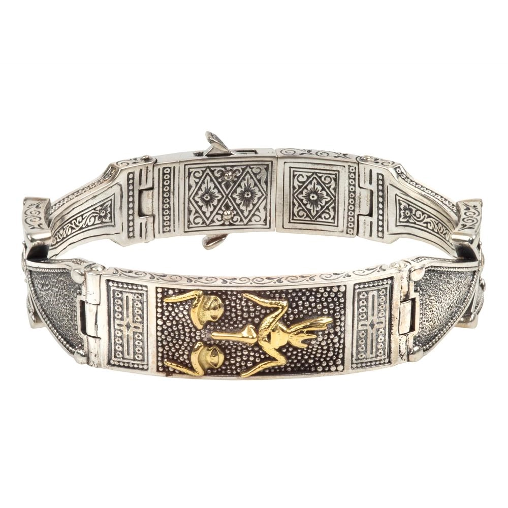 Konstantino Mens Stavros Silver and 18K Gold Etched Cuff Bracelet with Cross Sides and Accents.