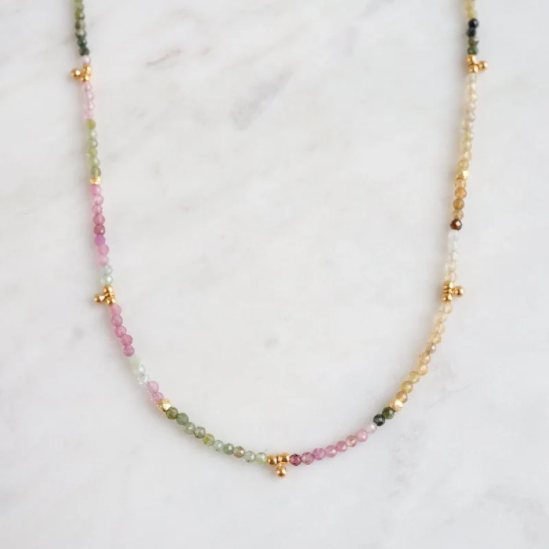 Multi-color Tourmaline Tiny Gold Ball Charms Necklace