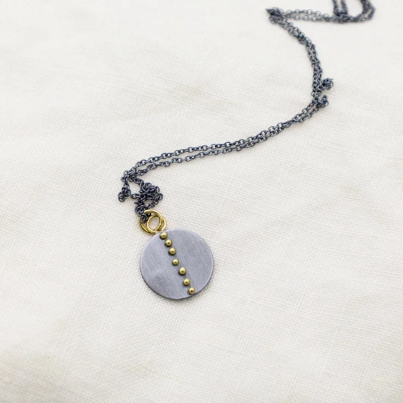 Gold Dot Disc Necklace in Oxidized Silver & 18k Gold