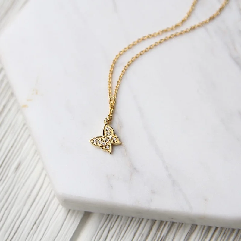 Tiny CZ Pave Butterfly Necklace - Gold Vermeil