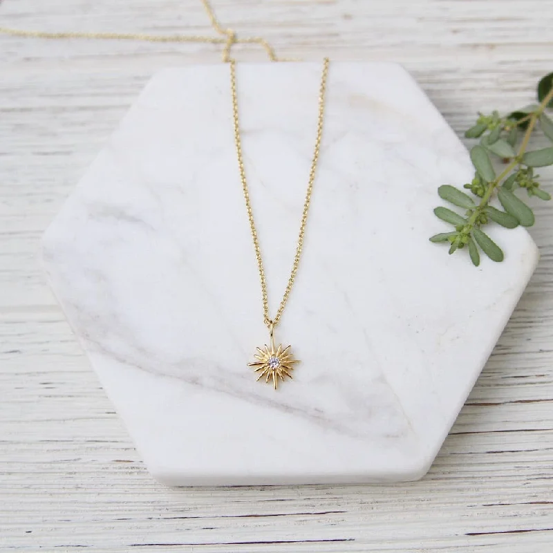 Sunburst with Center CZ Necklace - 14k Gold Vermei