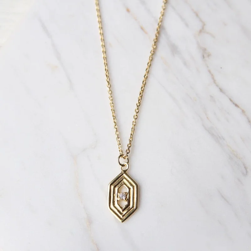 Hex with ridges and CZ  Necklace - Gold Vermeil