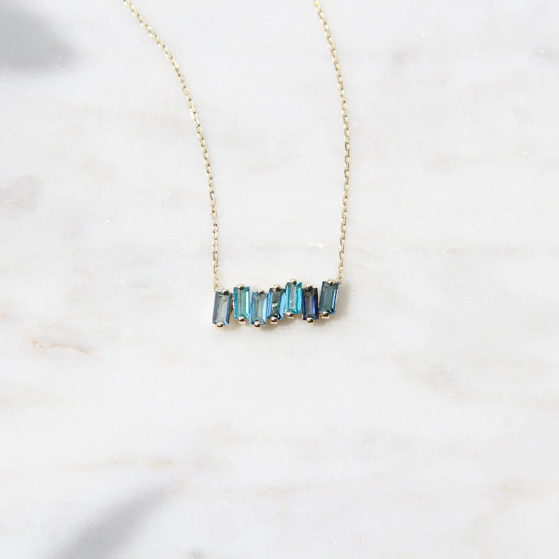 14k Gold Mixed Blue Baguette Bar Necklace