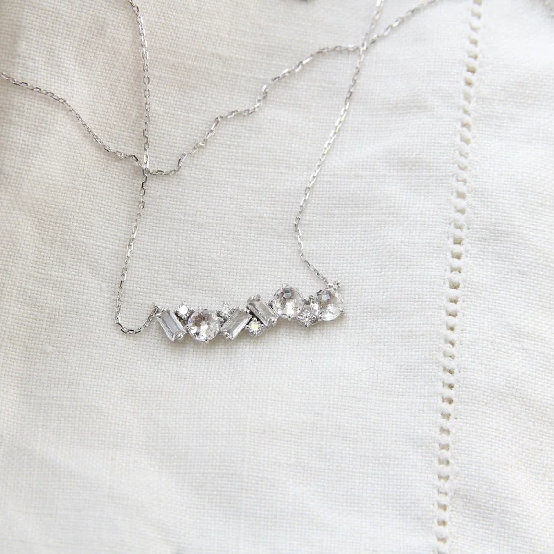 14k White Gold White Topaz Bar Necklace