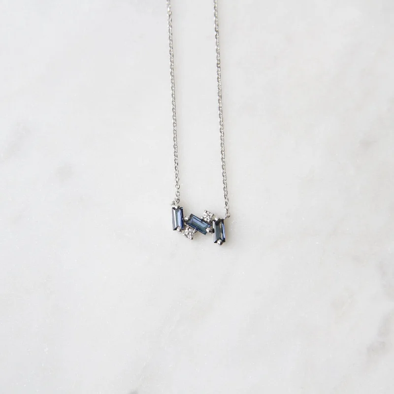 14k White Gold English Blue Topaz Mini Bar Necklace