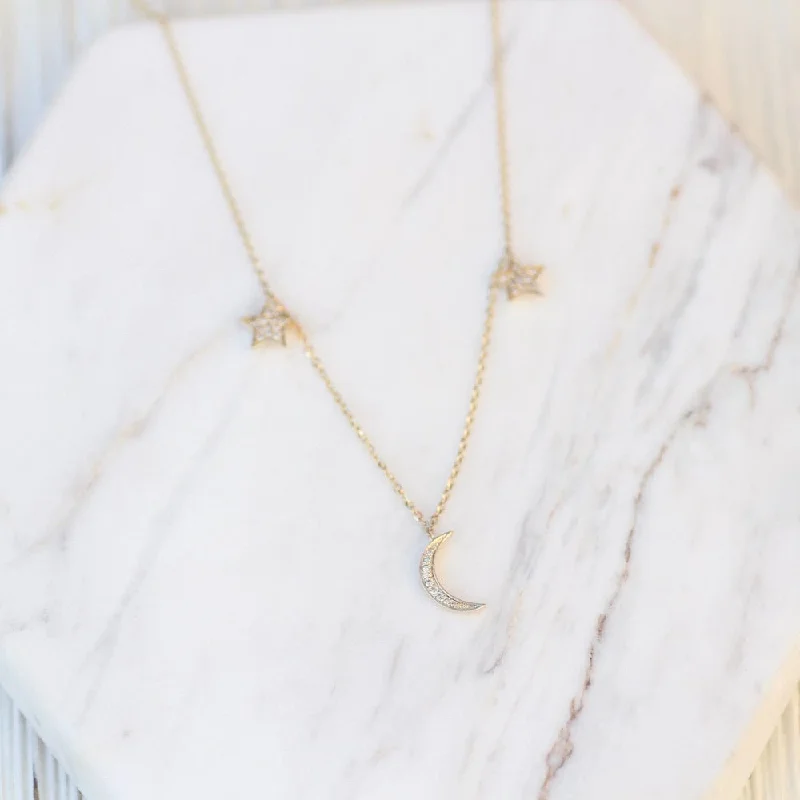 14K Yellow Gold Diamond Star and Moon Charm Necklace